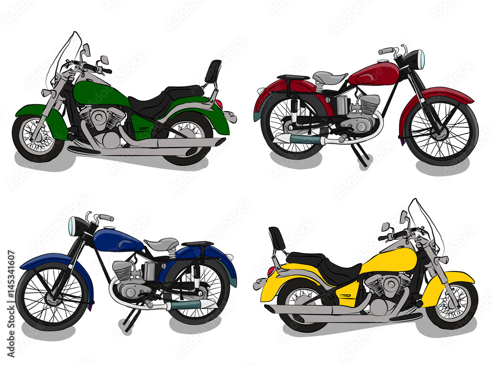 Obraz premium A set of motorcycles. Four different motorcycles of red, green, blue and yellow are standing on a white background eps 10 illustration