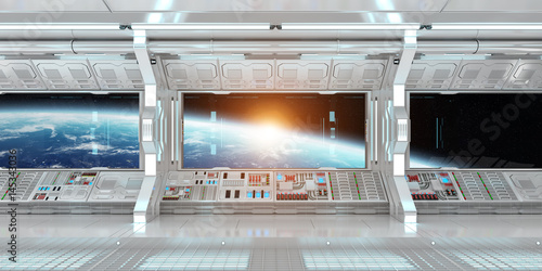 Fototapeta Naklejka Na Ścianę i Meble -  Spaceship interior with view on the planet Earth 3D rendering elements of this image furnished by NASA