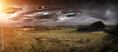 Fototapeta Naklejka Na Ścianę i Meble -  UFO invasion on planet earth landascape 3D rendering