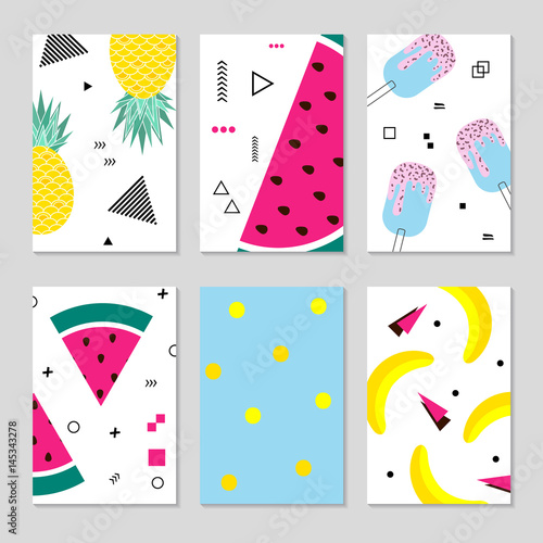 Set of Colorful summer poster with fruits, ice cream and geometric elements in memphis style background, vector.