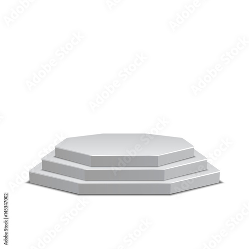 Octagonal podium with three steps, vector template, isolated on white
