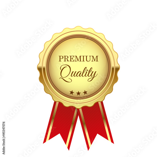Gold premium quality medal with red tape, isolated on white