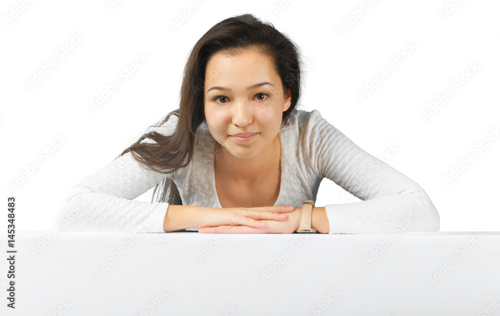 Woman smiling showing white blank sign billboard Woman smiling showing white blank sign billboard