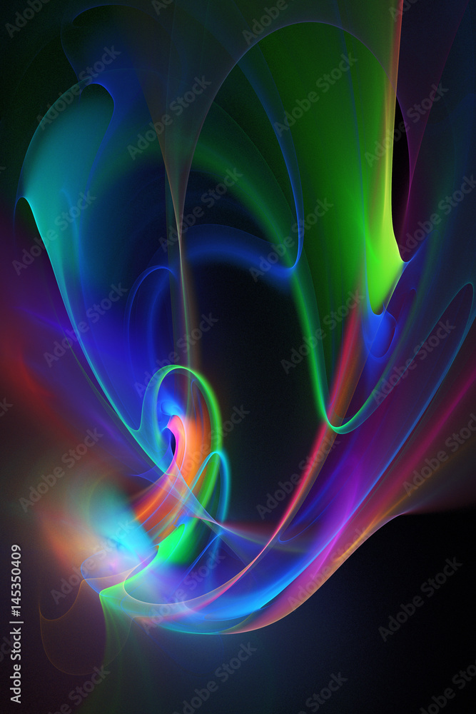Obraz premium Abstract purple, green and blue smoky shapes on black background. Fantasy fractal texture. 3D render.