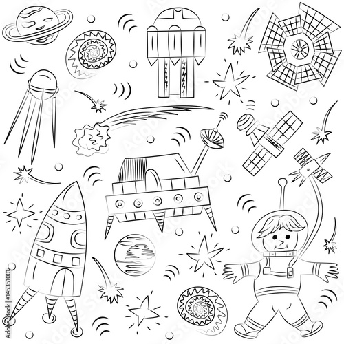 Hand Drawn Doodle Spaceman, Spaceships, Rockets, Falling Stars, Planets and Comets. Sketch Style. Vector Illustration.