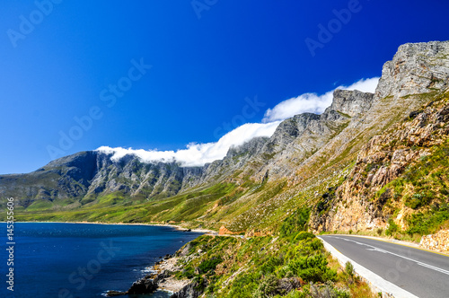 Beautiful mountain scenery along Route 44 in the Western Cape province of South Africa. Located in the eastern part of False Bay near Cape Town between Gordon's Bay and Pringle Bay. 