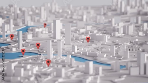 Aerial View of City Buildings 3D Rendering With Red Point Map 4K Animation