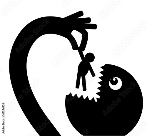 Black monster silhouette holds a limp person in his hand like a puppet and is going to eat it