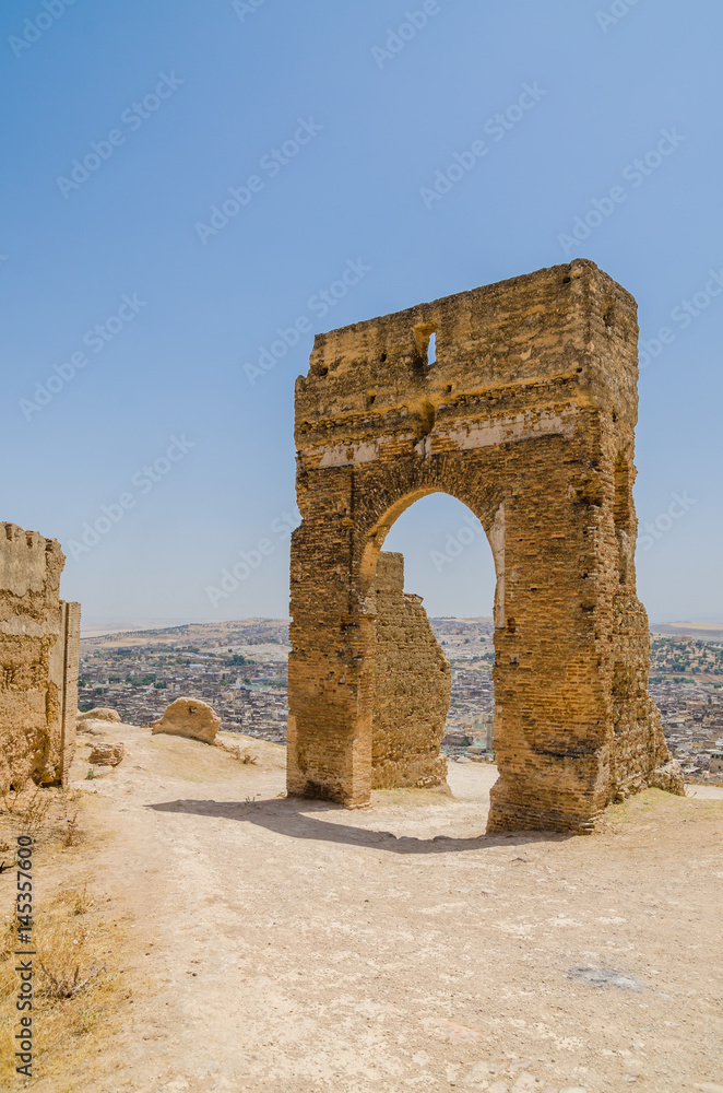 Ruins of ancient Merenid tombs overlooking the arabic city Fez, Morocco, Africa