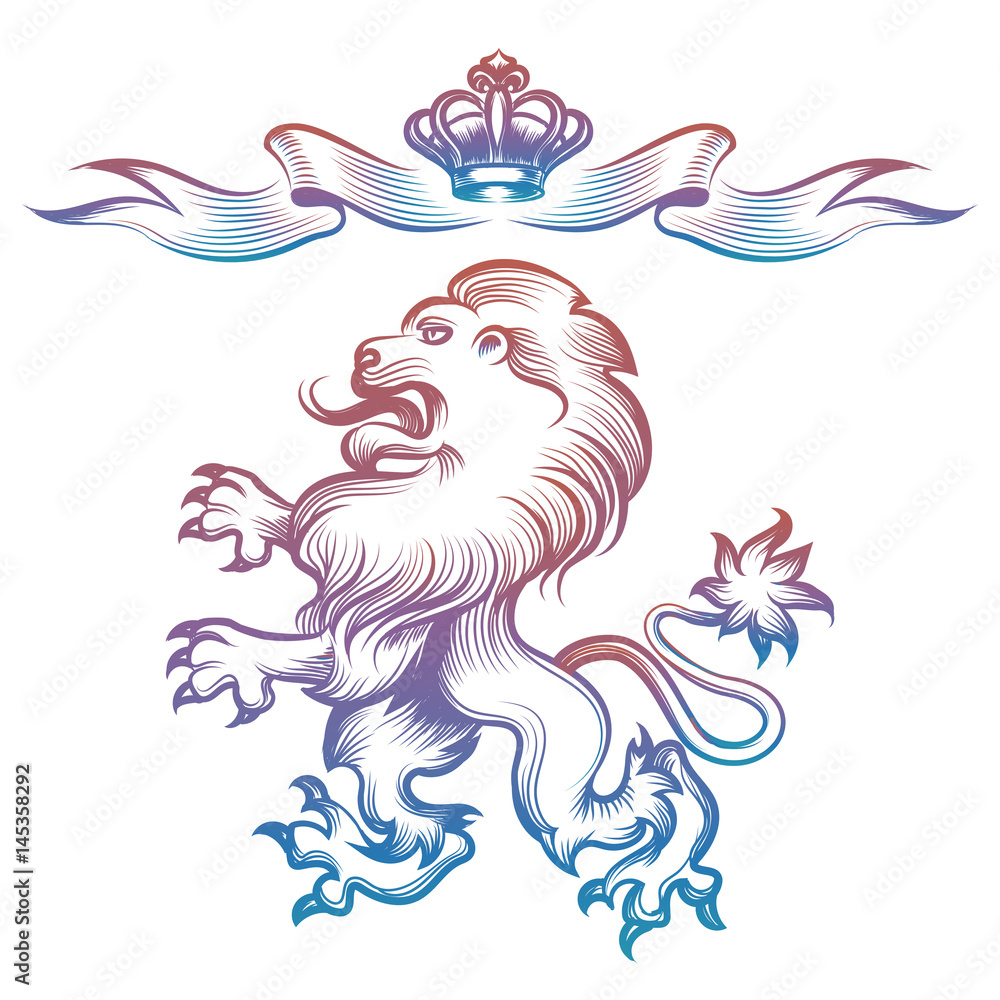 Naklejka premium Colorful heraldy royal lion and crown isolated on white background. Vector illustration