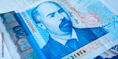 Photo depicts the Bulgarian currency banknote, 20 leva, BGN, close up. Modern filter. Denomination. Depicts a portraiture of Stefan Stambolov. photo