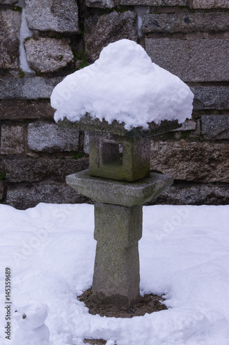 A stone lantern and moss covered with snow on top.
