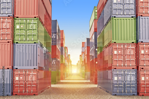 Import, export and business logistic concept, stacked cargo containers in the industrial port yard
