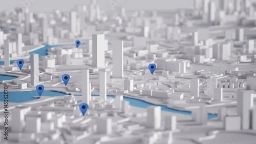 Aerial View of City Buildings 3D Rendering With Blue Point Map 4K Animation