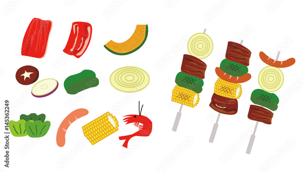 焼肉 ｂｂｑ食材のセットイラスト Stock Vector Adobe Stock