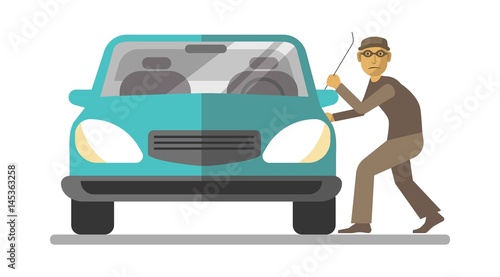 Man thief breaking car door isolated on white