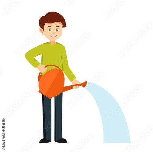 boy watering plants.eco character boy holding a watering can.young smiling man watering plants vector illustration isolated on white background