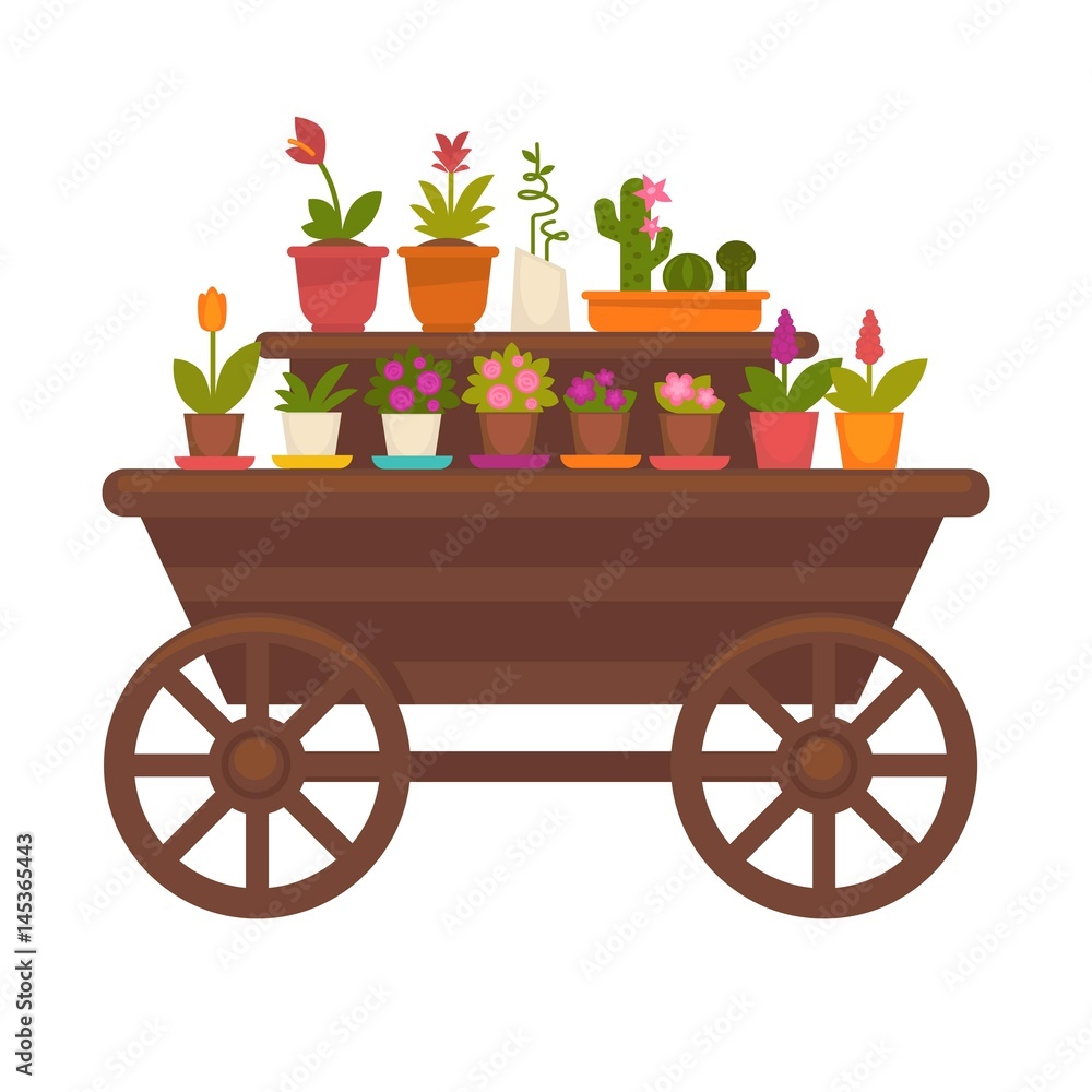 Fresh spring flowers in pots on wooden trolley vector collection isolated