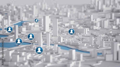 Aerial View of City Buildings 3D Rendering With Blue User Icon Map 4K Animation