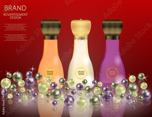 Glamorous perfume glass bottles on the sparkling effects background.