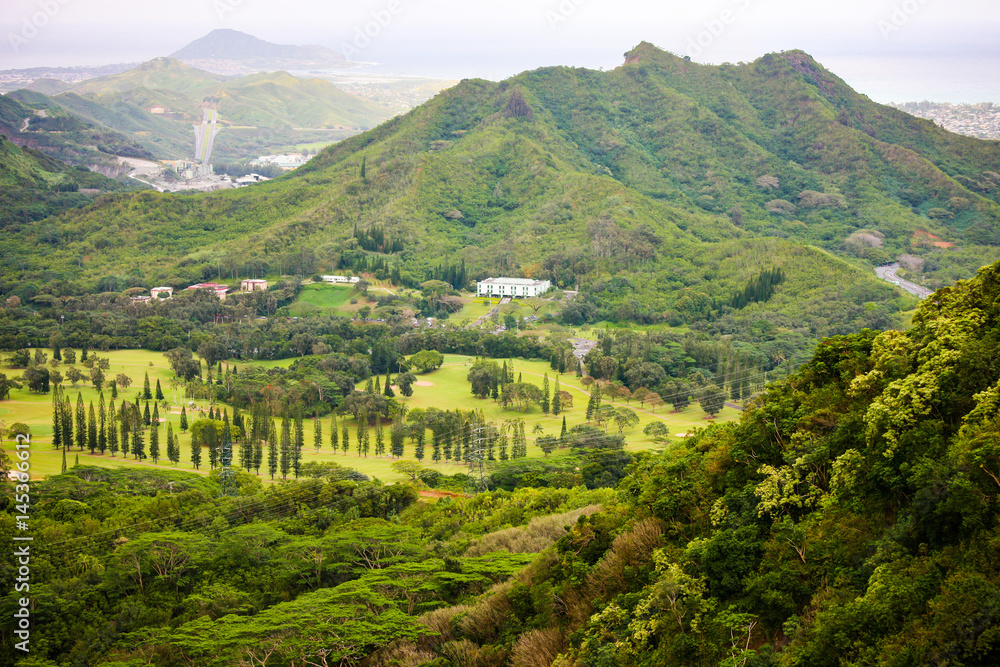 View over Pali Lookout towards Kaneohe Bay, Oahu, Hawaii