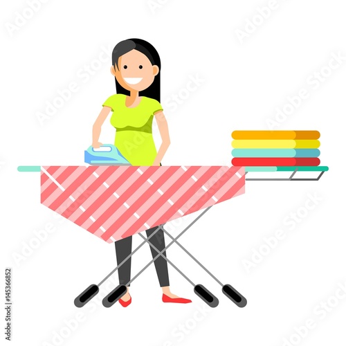 Cheerful girl ironing clothes