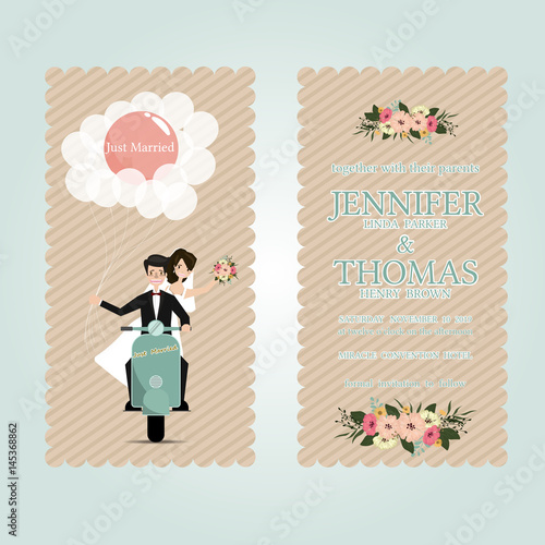 Wedding illustration. Just married. Groom and bride on the motorcycle . Cute Wedding invitation cards for couple ,Vector illustration