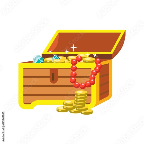 Open chest with shining pirate treasures on white background
