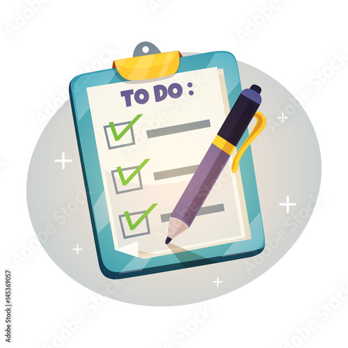 Checklist on the clipboard design concept. To do list with check marks and  pen