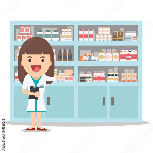 female pharmacist in a pharmacy opposite the shelves with medicines. Health care. Vector illustration