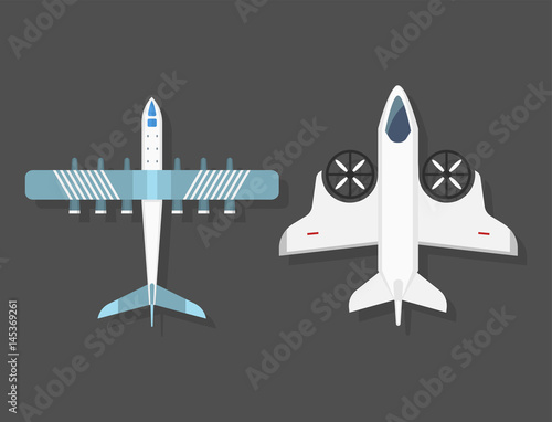 Vector airplane illustration top view and aircraft transportation travel way design journey object. photo