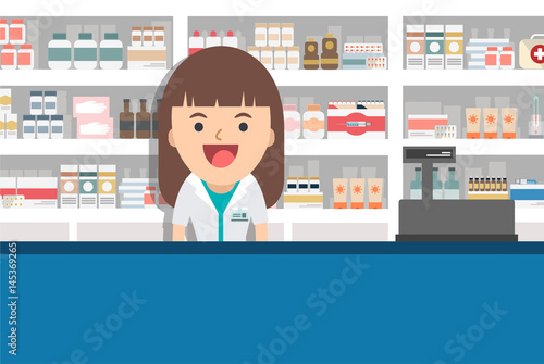 Modern flat vector illustration of a smiling young attractive female pharmacist at the counter in a pharmacy opposite the shelves with medicines. Health care conceptual background