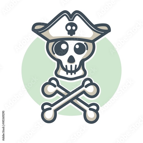 Skull in pirate hat with two crossed bones logo design