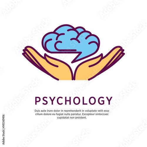 Psychology logo design with open hand palms with human brain
