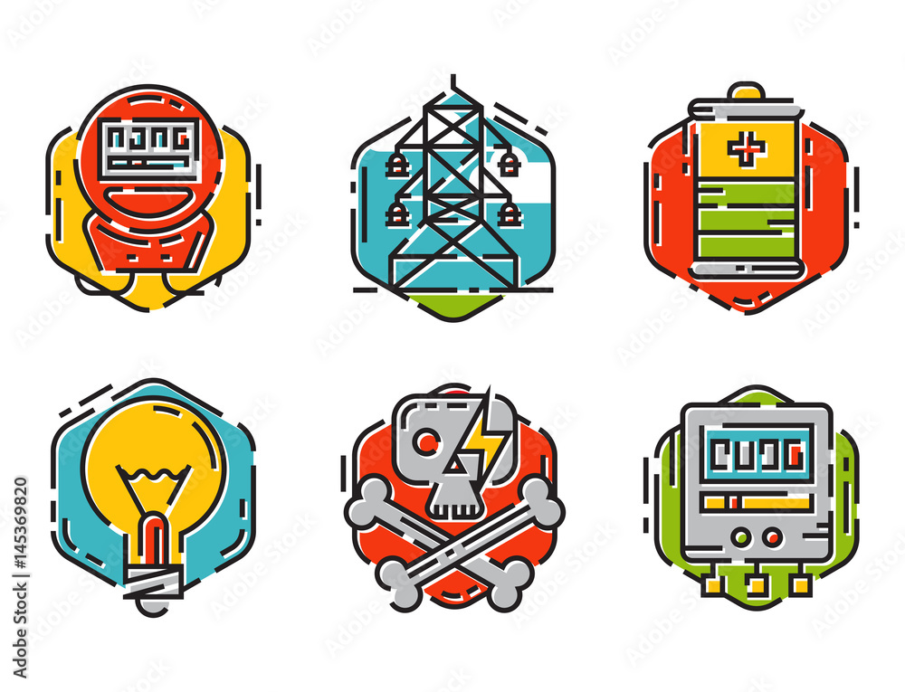 Naklejka premium Energy outline colorful style and resource icon set vector illustration electricity industrial current.