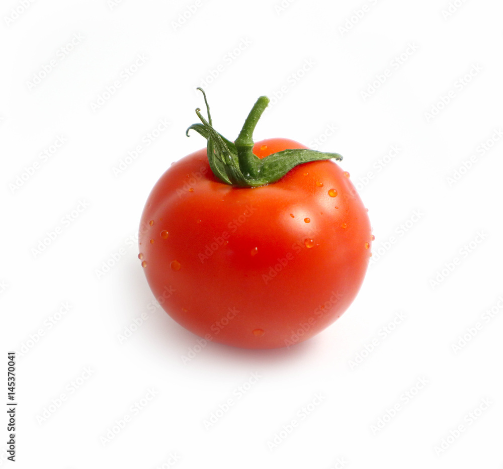 Photo depicts a bright red color natural beautiful delicious single fresh tomato with water drops, isolated on a white background. Washed vegetable concept. Close up, top view. Photo depicts a bright red color natural beautiful delicious single fresh tomato with water drops, isolated on a white background. Washed vegetable concept. Close up, top view.