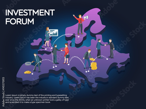 Businessman and businesswoman enter into a contract. People on the europe map 3d. Business startup work moments flat banner. New ideas, search for investor, increased profits. Business situation.