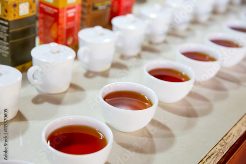Ceylon tea degustation cups closeup view