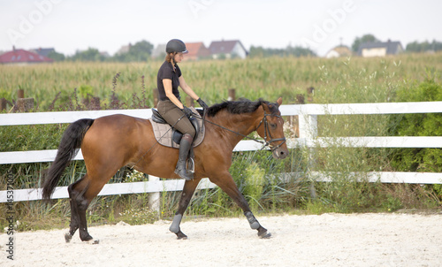 Woman Riding a Horse in Jumper Ring © satori