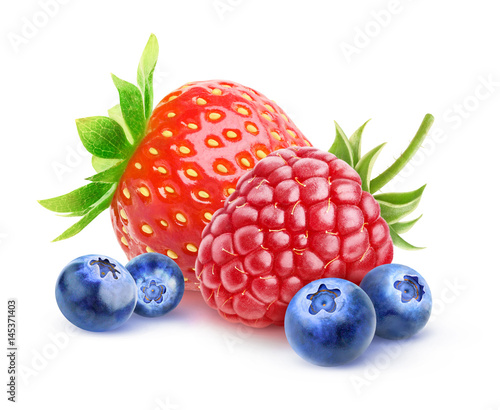 Isolated berries. Fresh strawberry, raspberry and blueberry isolated on white background with clipping path