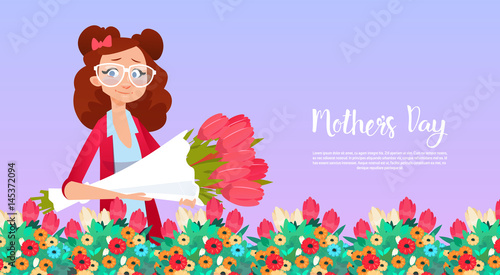 Happy Mother Day, Woman Hold Present Flowers Bouquet Spring Holiday Greeting Card Banner Flat Vector Illustration