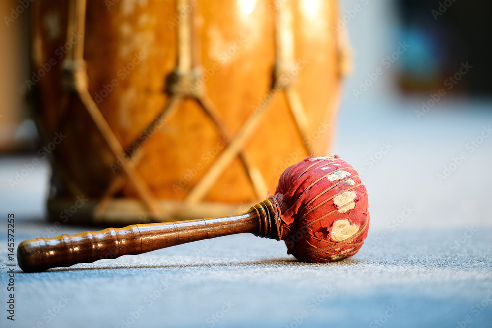 Indonesian ancient folk musical instruments. Close-up photography.