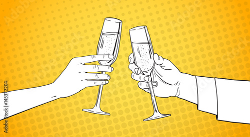 Sketched Couple Hands Clinking Glass Of Champagne Wine Toasting Pop Art Retro Pin Up Background Vector Illustration