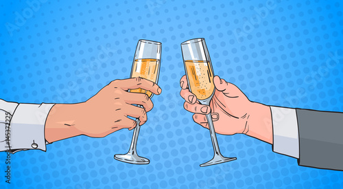 Male Couple Hands Clinking Glass Of Champagne Wine Toasting Pop Art Retro Pin Up Background Vector Illustration
