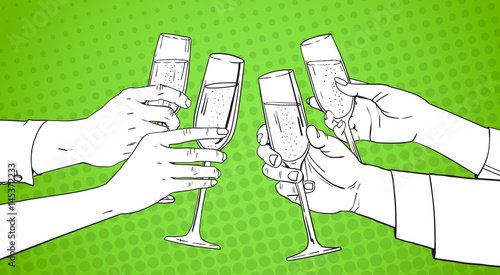 Sketched Hands Group Clinking Glass Of Champagne Wine Toasting Pop Art Retro Pin Up Background Vector Illustration