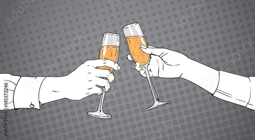 Sketched Couple Hands Clinking Glass Of Champagne Wine Toasting Pop Art Retro Pin Up Background Vector Illustration