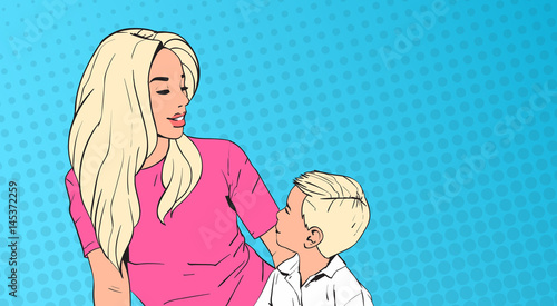 Woman Embrace Child, Mother With Son Over Pop Art Retro Pin Up Background Vector Illustration