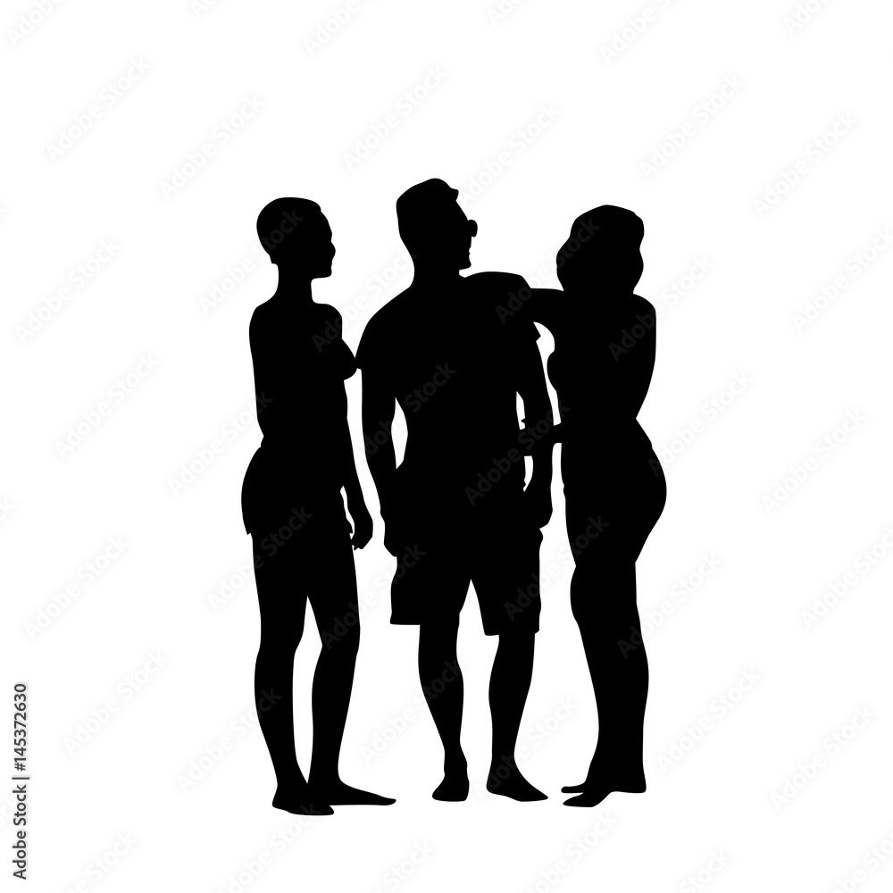 Silhouette Man Standing With Two Women Full Length Over White Background Vector Illustration