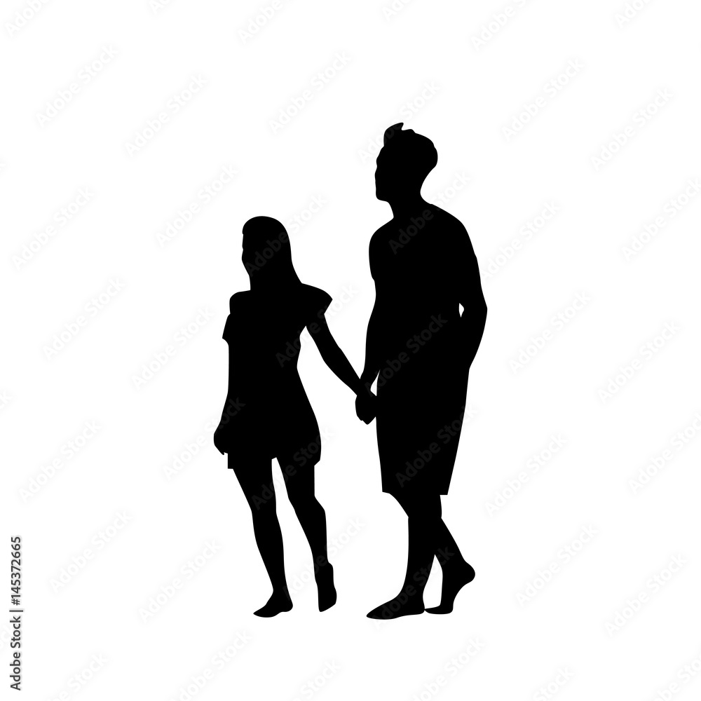 Silhouette Couple Man And Woman Walk Holding Hands Full Length Over White Background Vector Illustration