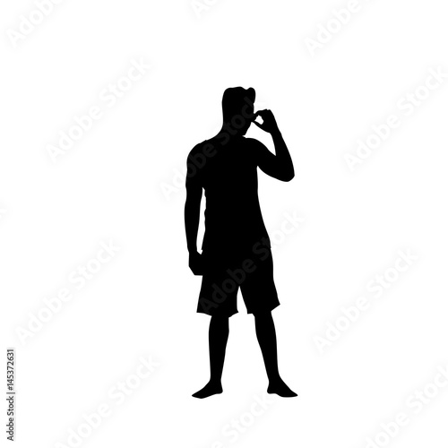 Man Black Silhouette Speak On Cell Smart Phone Call Standing Full Length Over White Background Vector Illustration